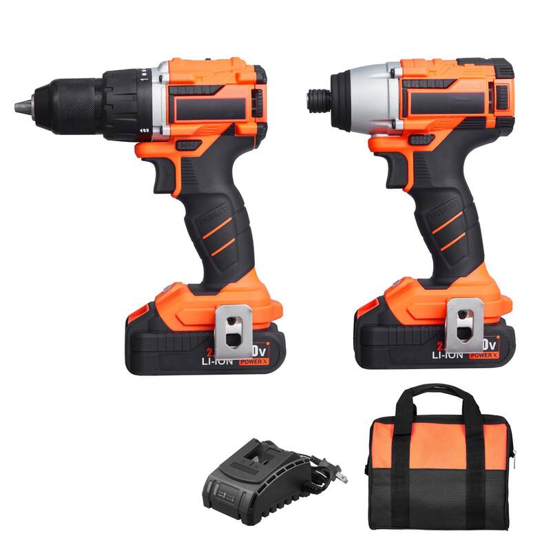 Black and Orange 20V Brushless Drill and Impact Driver Set with 2Ah Batteries and Dual Speed 2 Tool Set - 6.7 x 3 x 9.4 in