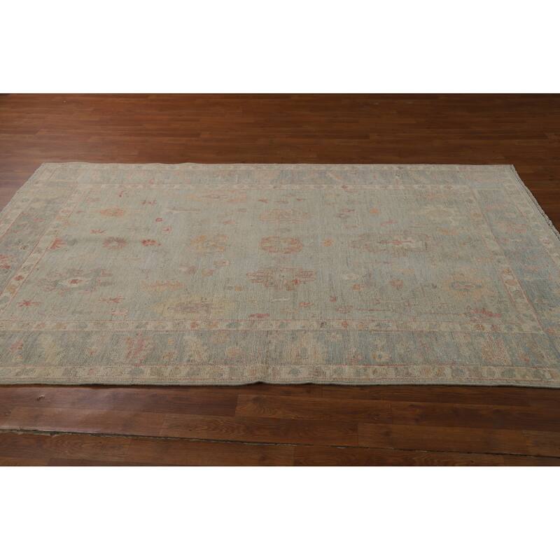 Transitional Blue Oushak Turkish Rug Hand-Knotted Wool Carpet - 5'1"x 8'0"