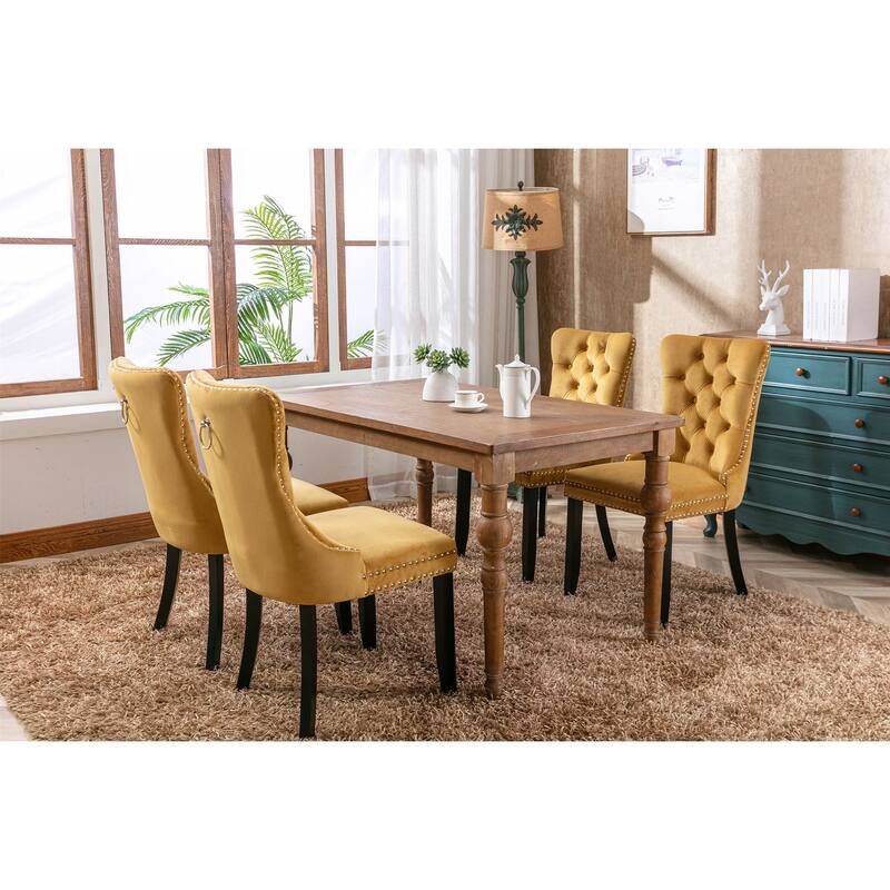 Set of 2 Velvet Upholstered Dining Chairs with Nailhead Trim and Wooden Legs