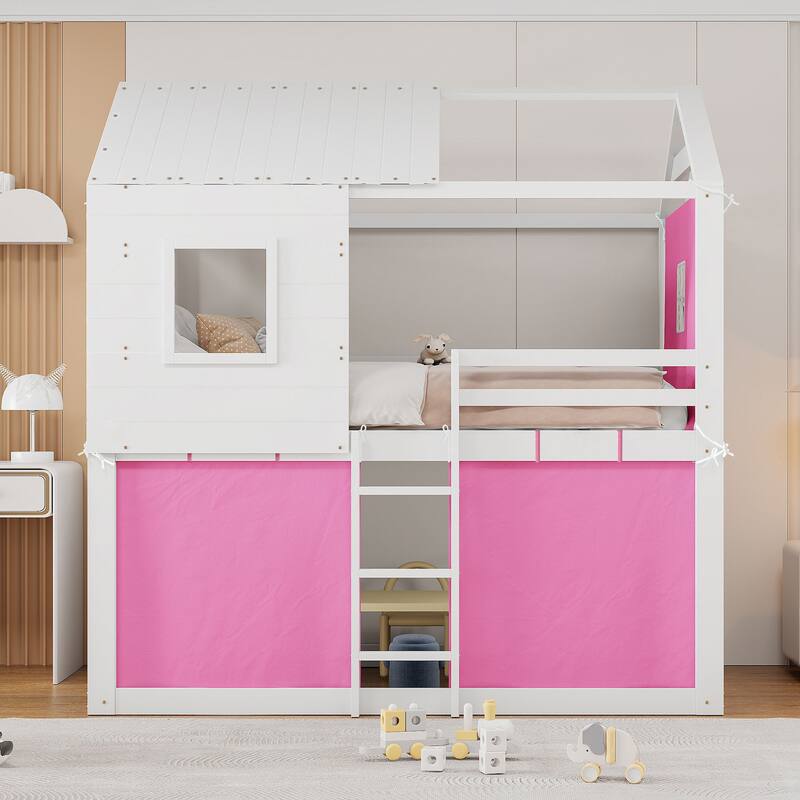 Playhouse Bed Floor Bunk Bed Kids Loft Bed with Tent