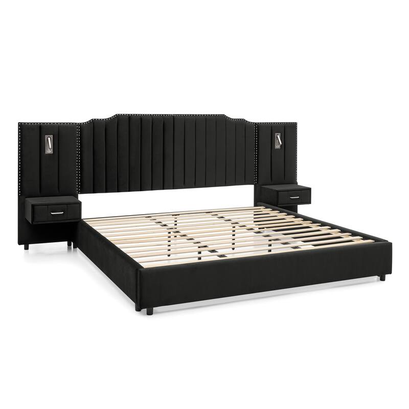 King/Queen Velvet Bed Frame with Vertical Stitch Headboard & Side Table
