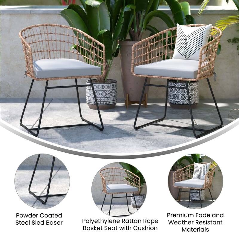 2PK Indoor/Outdoor Boho Rattan Rope Club Chairs-Seat Cushions