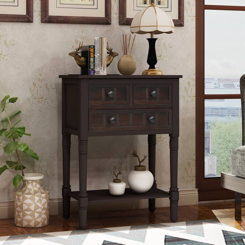 Narrow Console Table, Slim Sofa Table with Three Storage Drawers and Bottom Shelf