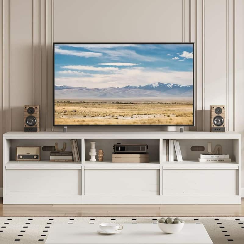 Industrial Modern TV Stand Entertainment Center with 3 Drawers Open Shelves for 65 70 75 Inch TVs - N/A - White