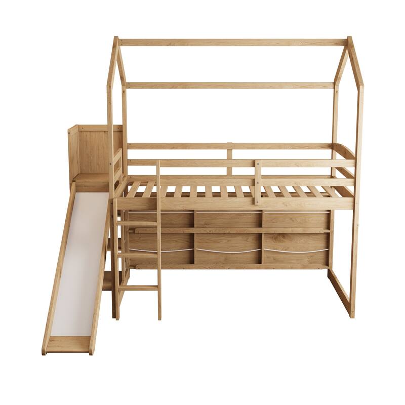 Twin Size Wood House Loft bed with Slide