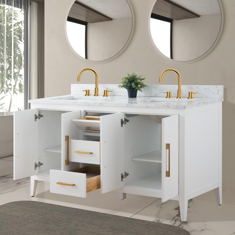 Vanity Art 60" Double Sink Bathroom Vanity Cabinet with Engineered Marble Top
