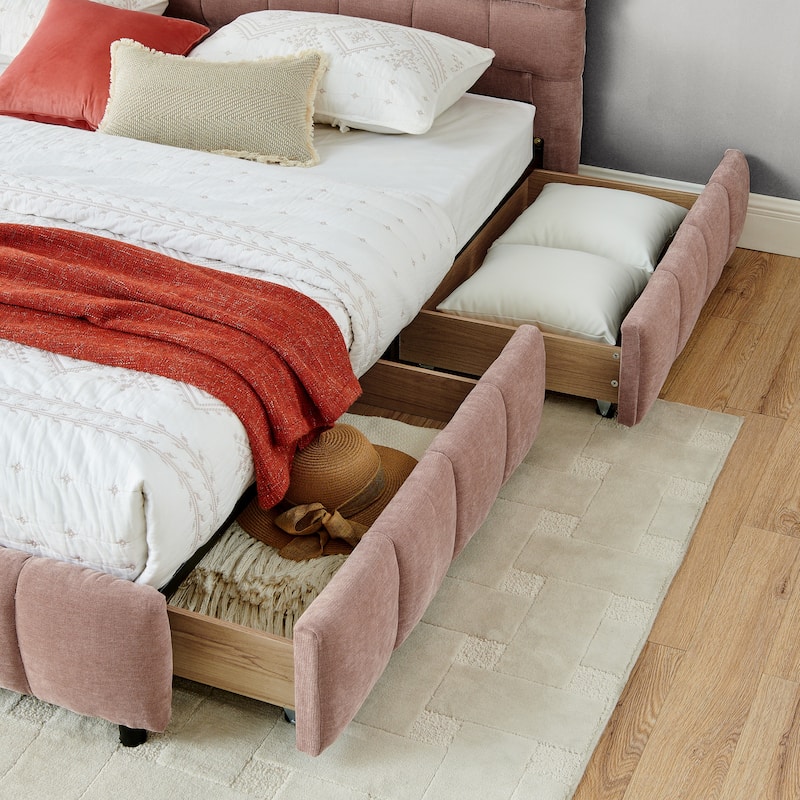Block Thick Chenille Low Profile Platform Bed Fabric Upholstered Bedframe with Headboard Solid Wood Frame - Optional Storage Bed