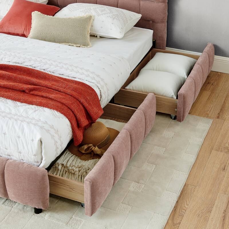 Lattice-shaped Cushion Platform Bed Grounded Bed Upholstered Bed Frame with 4 Drawers and Cozy Headboard No Box Spring Needed