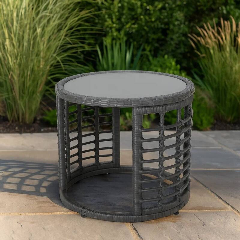 Outdoor Round Side End Table with Woven Accents, 18 Inch, Gray Rattan