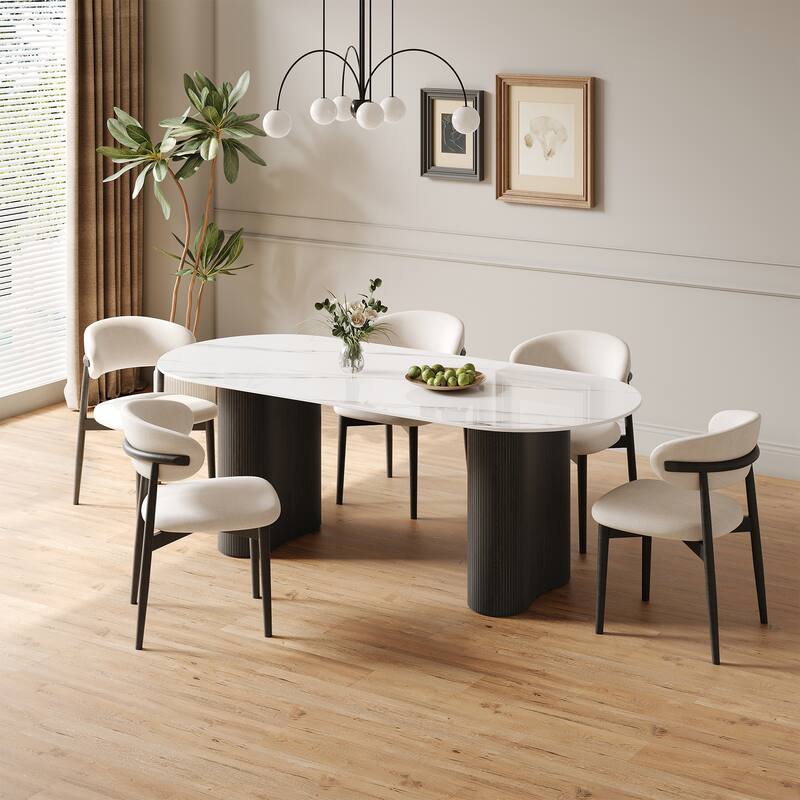 71" Glossy White Sintered Stone Dining Table, Double Round Legs, Oval Kitchen Table for 6 Persons - 70.8 - Black