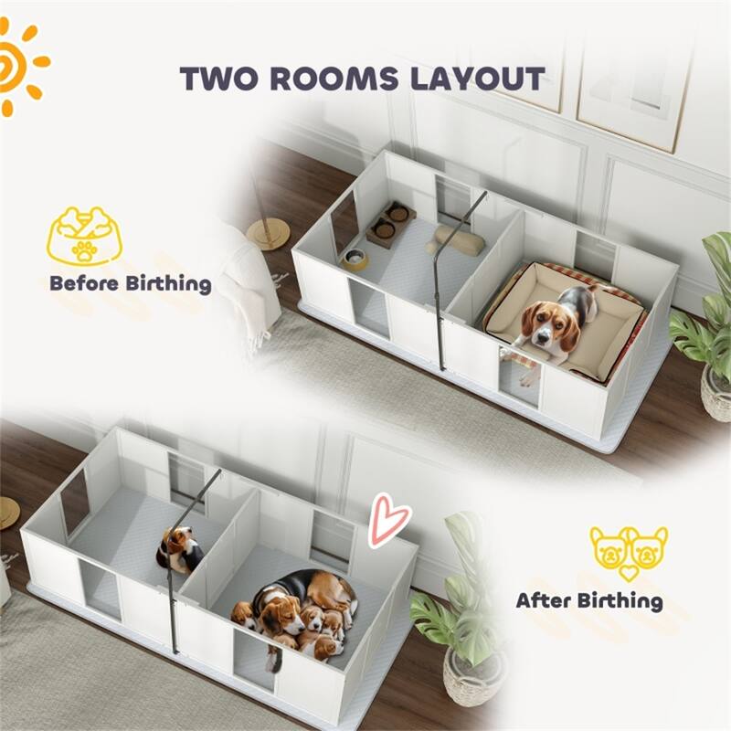 White Pine Wood MDF Dog Whelping Box with Acrylic Panel and Pee Pad