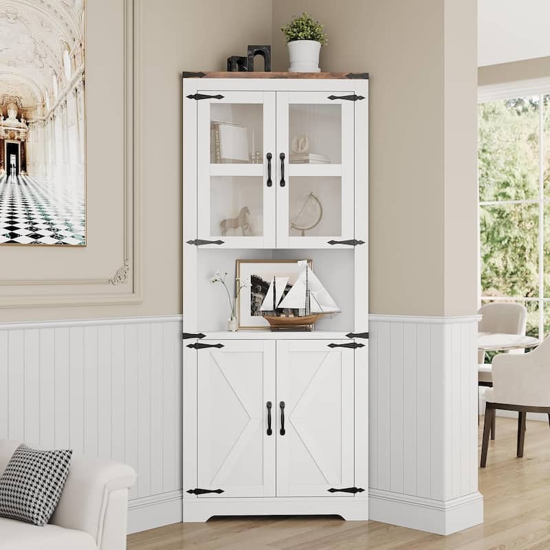 67" Tall Corner Storage Cabinet with Lights, Farmhouse Corner Hutch Display Cabinet with Glass Doors - White
