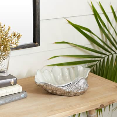White Aluminum Metal Shell Shell Serving Bowl with Enamel Interior - 12 x 9 x 3