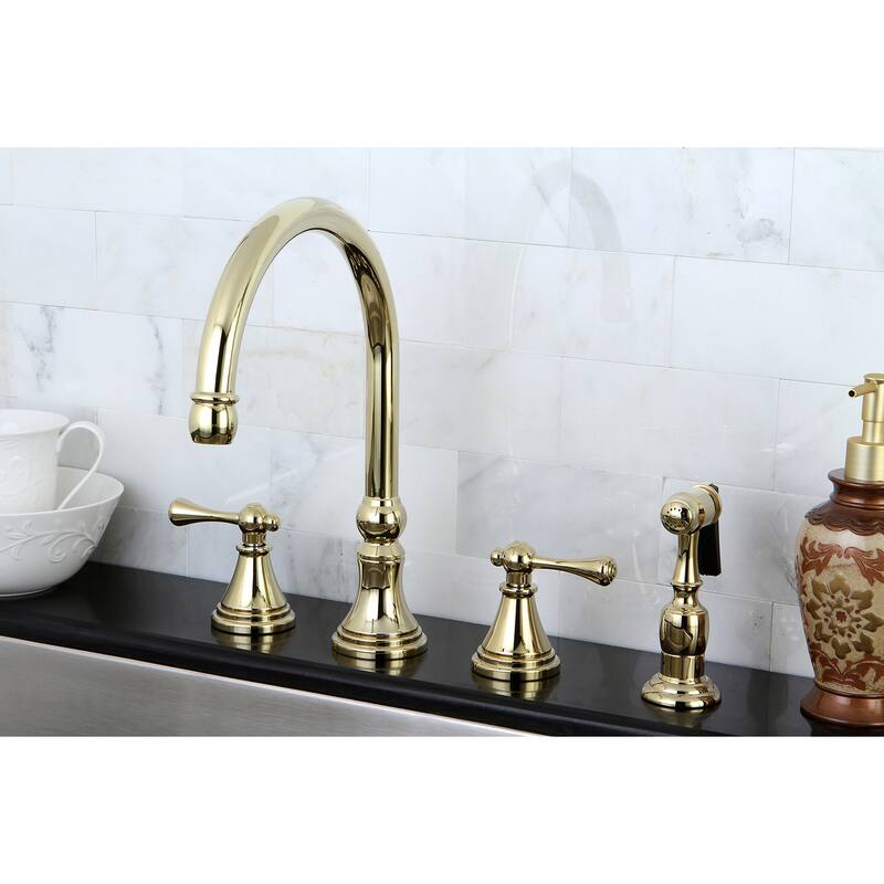 Kingston Brass Governor Widespread Kitchen Faucet with Brass Sprayer - Polished Brass- Lever Handles