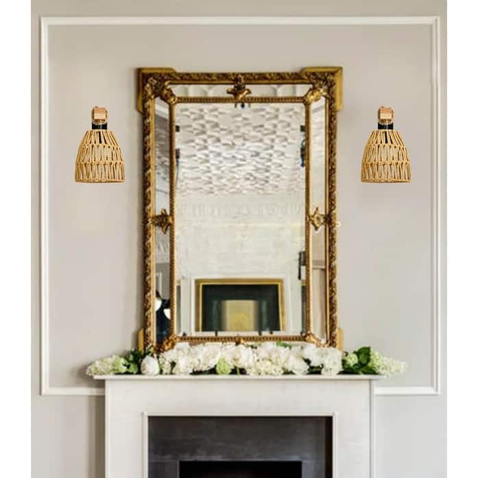 2 Pack light fixture brown wireless sconces rattan wall light