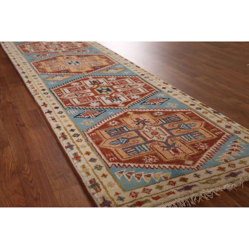 Geometric Heriz Serapi Style Runner Rug Handmade Wool Carpet - 2'6" x 7'9" - Blue - 2'6" x 7'9"