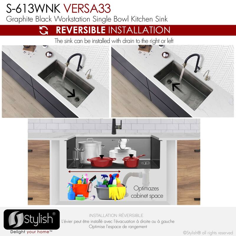 Undermount 33" Workstation Single-Bowl Stainless Steel Kitchen Sink
