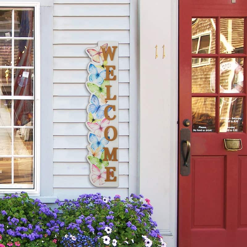 Glitzhome 42"H Solid Wood WELCOME Porch Sign with Bee or Butterfly Outdoor Decor