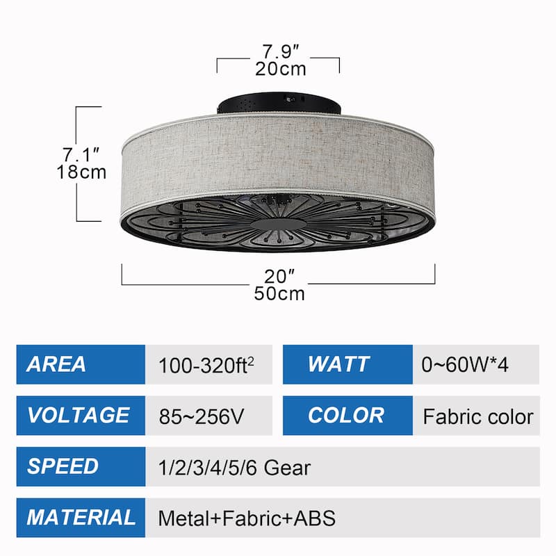 20 Inch Flush Mount Caged Ceiling Fan with Light