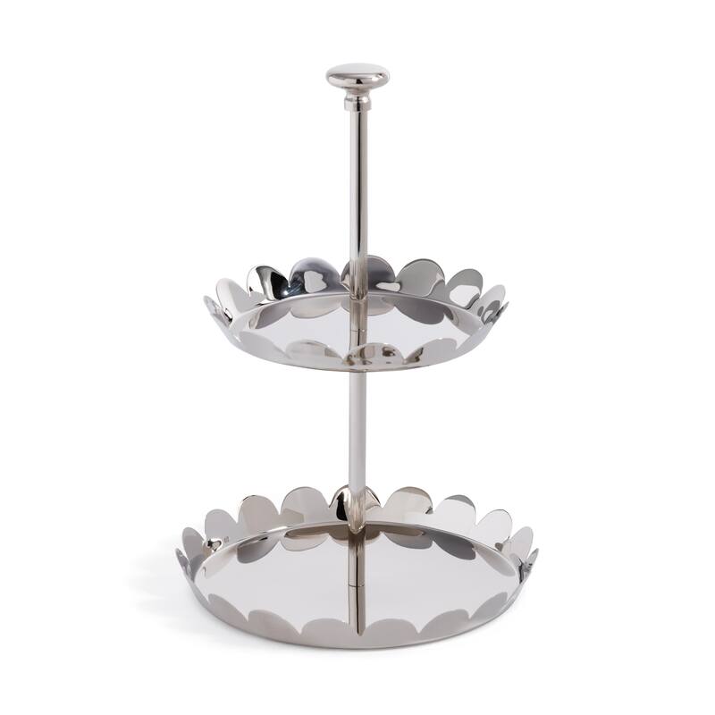 Lucente Polished Scalloped Metal Display & Serving Tray - Nickel - Two-Tier