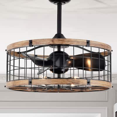 Selma 25-inch Matte Black and Faux Wood 6 Lights 3 Blades Lighted Ceiling Fan with Remote