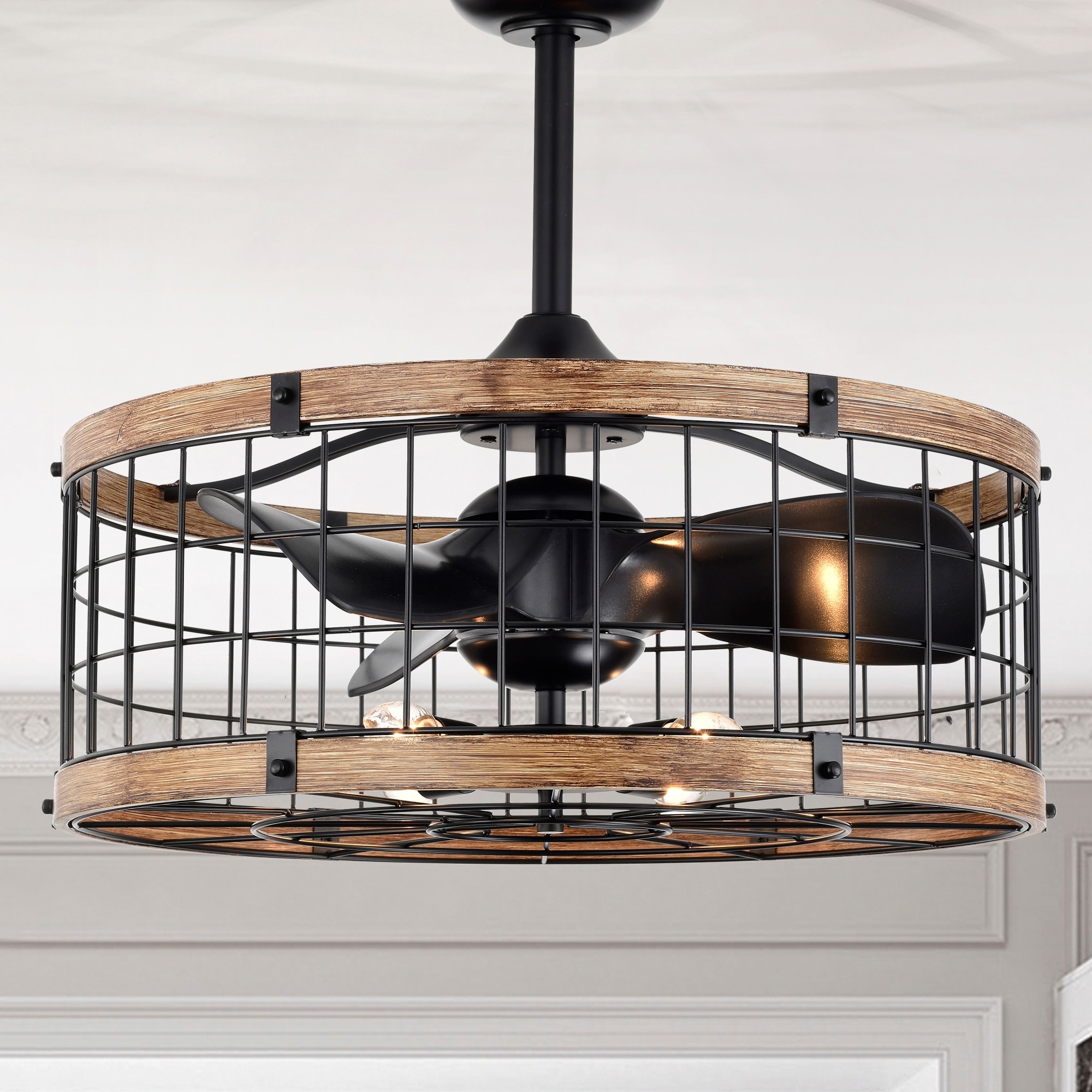 Warehouse of Tiffany Selma 25-inch Matte Black and Faux Wood 6 Lights 3 Blades Lighted Ceiling Fan with Remote
