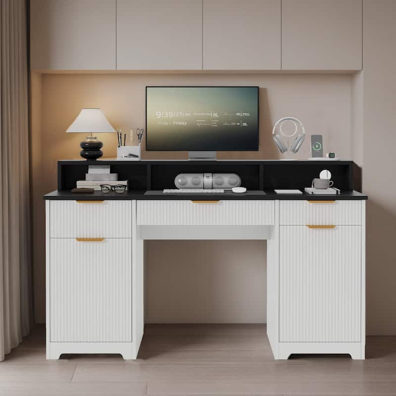 Pocassy Fluted Office Desk with Power Outlets Long Monitor Stand - White