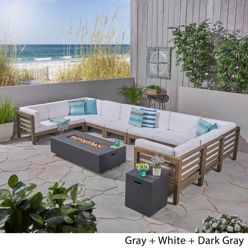 Oana Outdoor 12-Piece U-Shaped Acacia Wood Sectional Sofa Set with Fire Pit by Christopher Knight Home