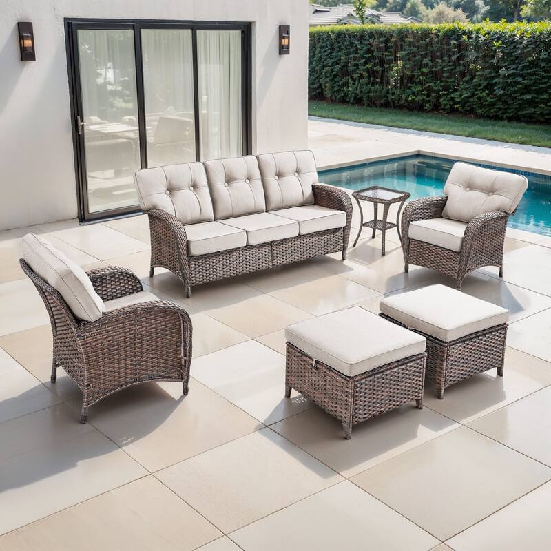 TWrap 6-Piece Patio Brown Wicker Sofa Conversation Set with 5-Inch Thick Cushions