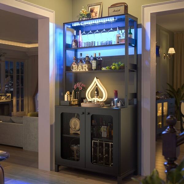 67" Tall Wine Bar Cabinet Liquor Cabinet with LED Lights ＆ Glass Holder ＆ Power Outlets,5-Tiers Corner Utensils Display Cabinet