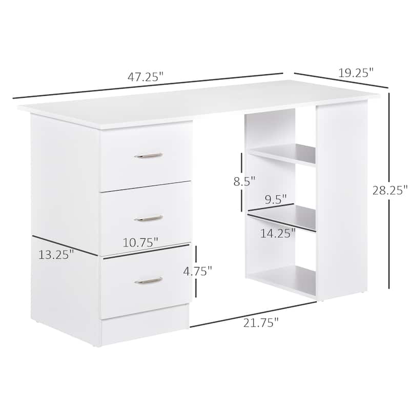 White MDF Desk with 3 Storage Drawers and Open Shelves for Home or Office