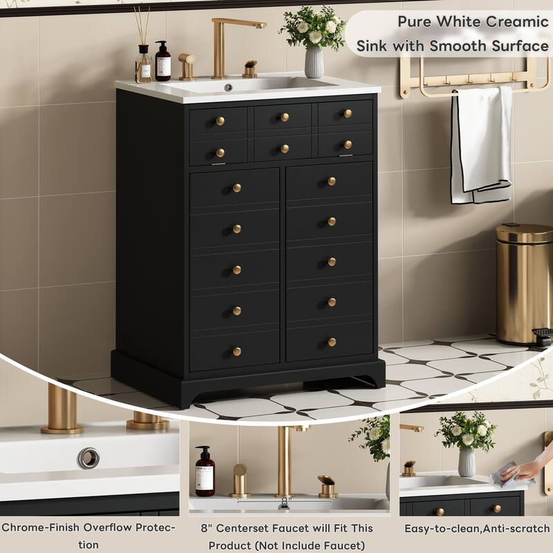 Bathroom Vanity with Tip-out Drawer and Soft-Closing Doors, Solid Wood Frame Bathroom Storage Cabinet with Ceramic Sink