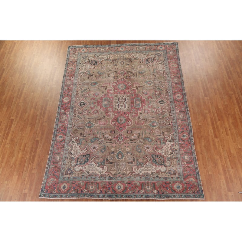 Brown Distressed Tabriz Persian Antique Area Rug Handmade Wool Carpet - 9'2" x 12'10"