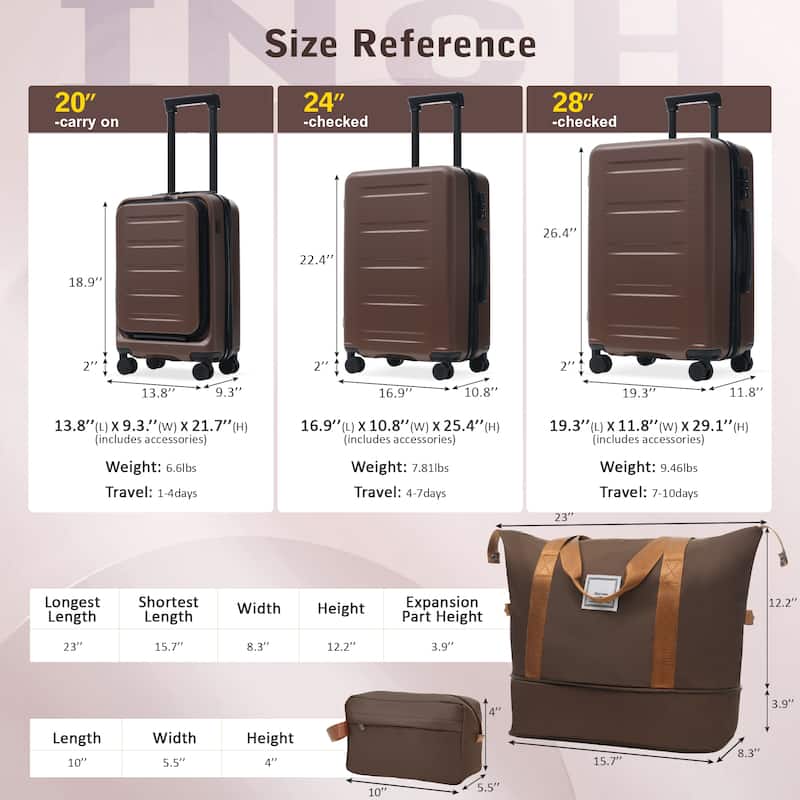 Luggage Sets 5 Piece with Front Opening, Hardside Expandable Carry On Suitcase Set with Double Spinner Wheel, with USB Port