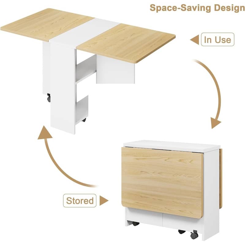 Folding Dining Table, Space Saving Farmhouse Dining Table for 4 Storage Shelf, 6 Wheels Multipose Expandable Kitchen