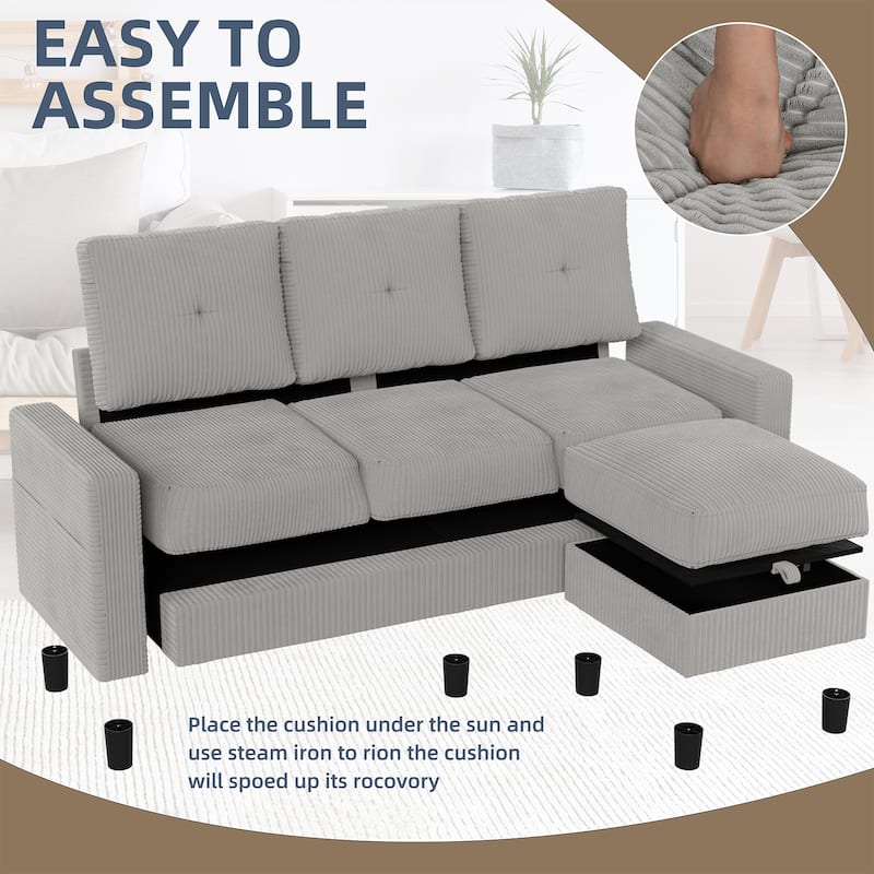 3-Seater Sectional Sofa with Movable Ottoman, Modern Living Room Couch