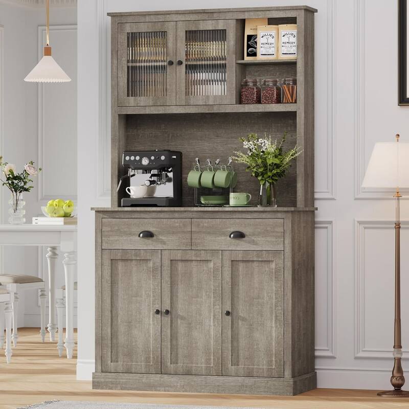 71" High Pantry with Drawers and Adjustable Shelves, with Microwave Support, Gray