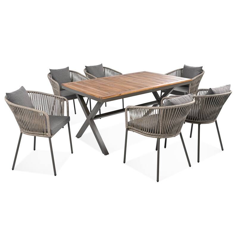 All-Weather Outdoor Dining Set with Acacia Table & Metal Chairs, 7 Pcs