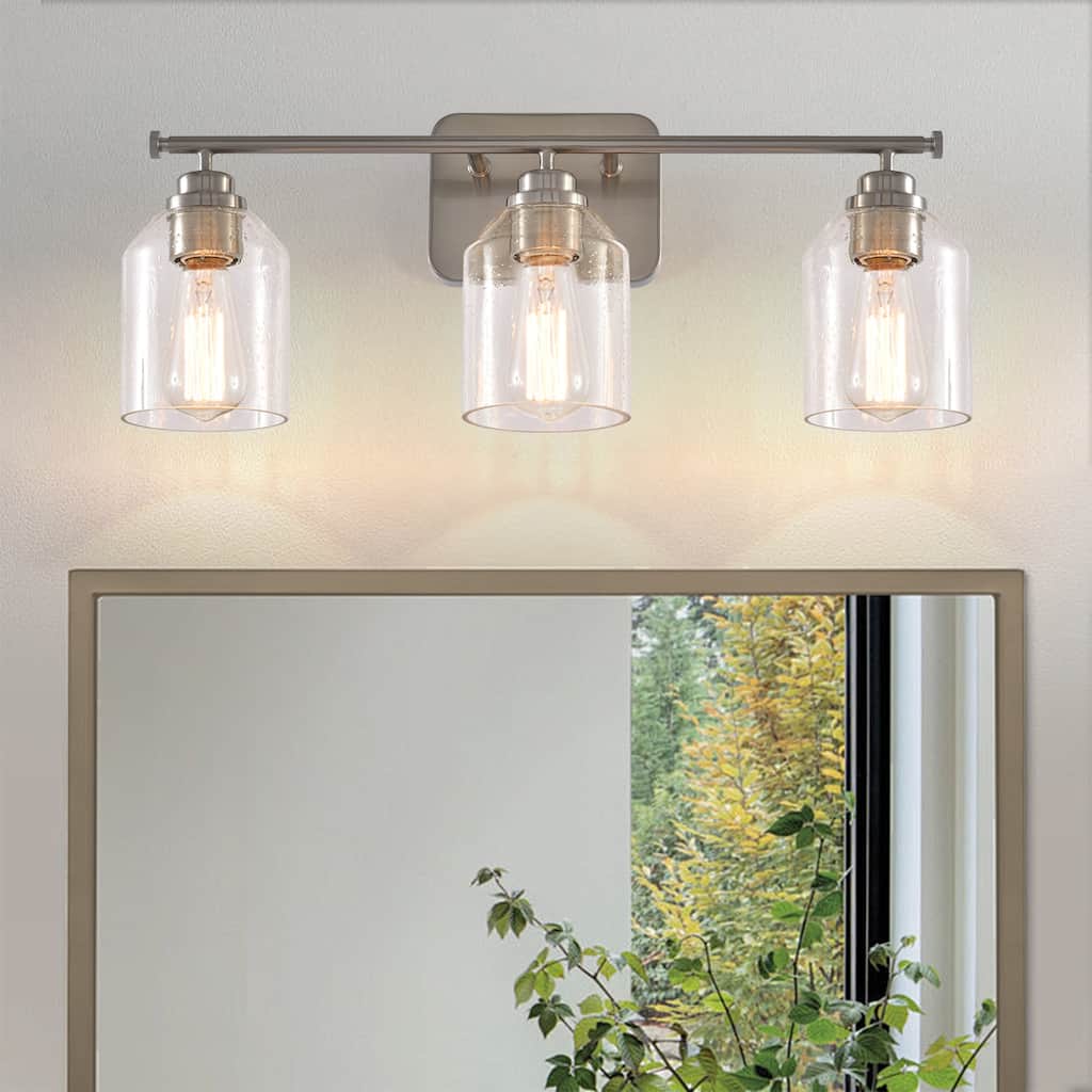 Modern Brushed Nickel 3-Light Bubble Glass Dimmable Bathroom Vanity Light Fixture - 22" W x 8.75" H