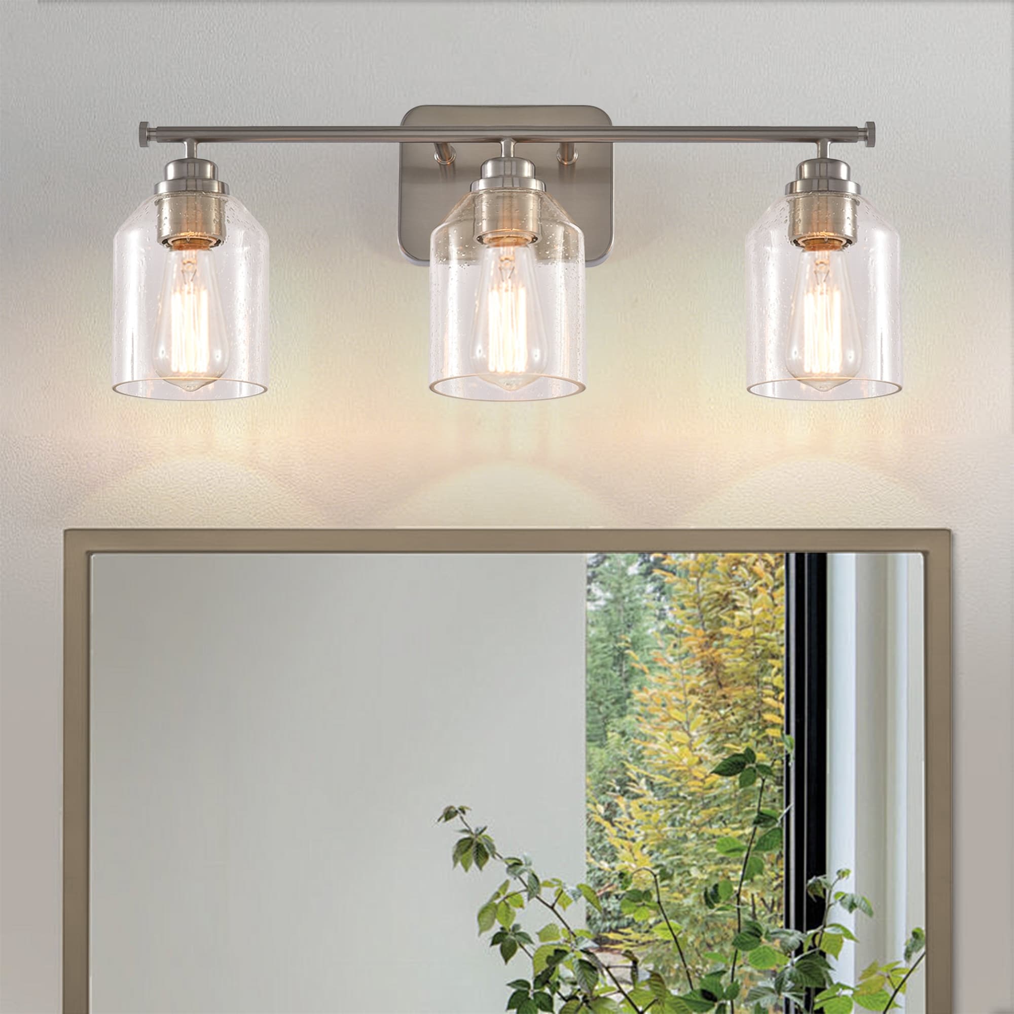 22" Brushed Nickel Industrial Seed Glass Dimmable 3-Light Bathroom Vanity Wall Light Fixture - 22" W x 8.75" H