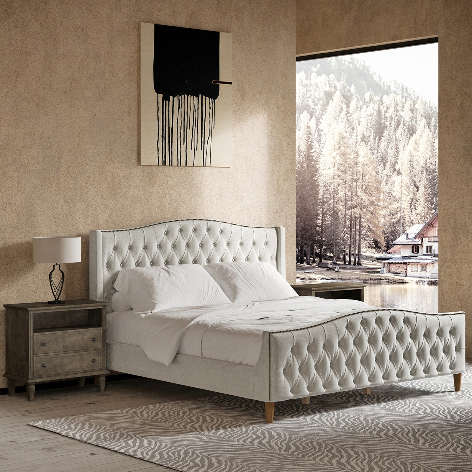 Upholstered wingback deals bed with footboard