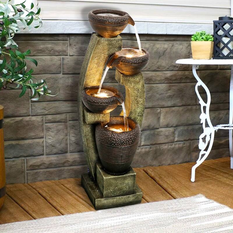 40"H Resin Water Feature with LED Lights – Multi-Tier Fountain for Home or Garden