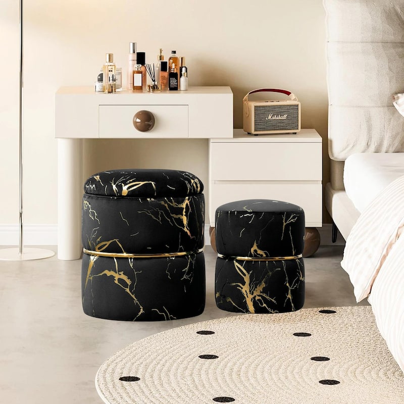 Plush Round Ottomans - Set of 2 with Removable Lids - Black - Set of 2