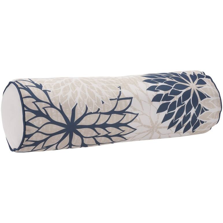 6" X 20" Beige Blue and Ivory Bolster Floral Indoor Outdoor Throw Pillow - 6" x 20"