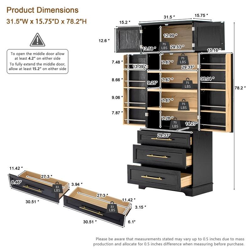 Farmhouse 78.2" Kitchen Pantry Cabinet with 4 Doors, 3 Adjustable Shelves and 3 Drawers