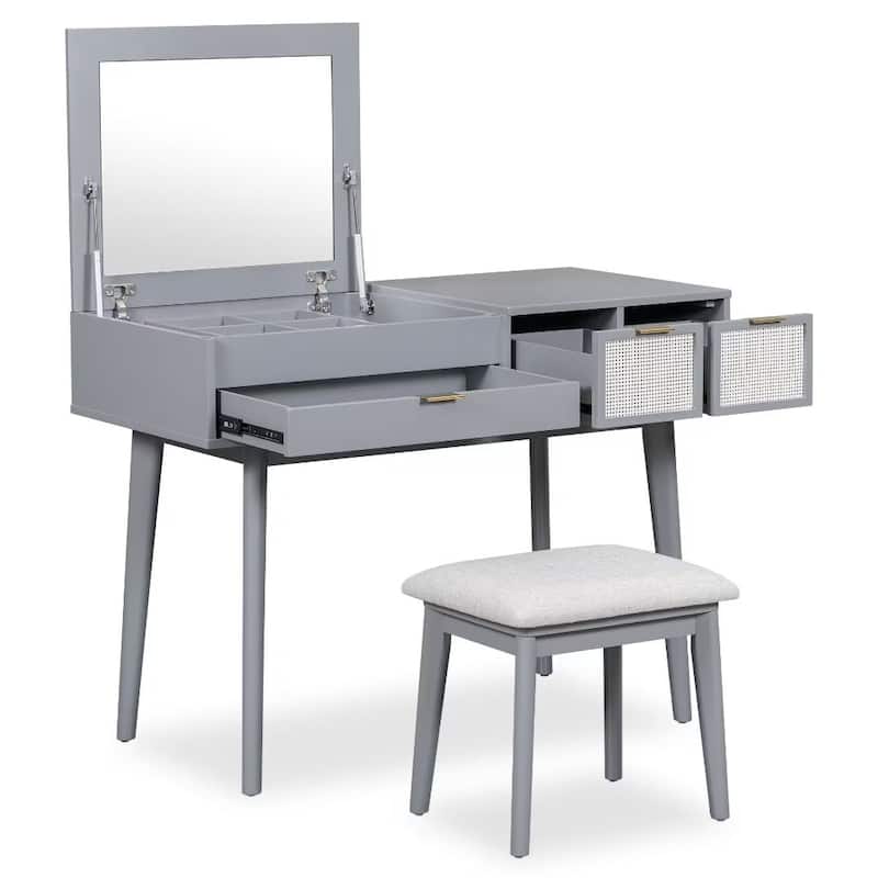 Makeup Vanity Set with Flip-top Mirror and Stool, Wood Dressing Table ...