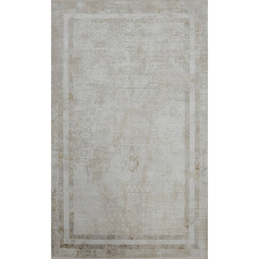 Machine Made Oriental Polyester Carpet Geometric Beige & Ivories Distressed Area Rug - 7' 5'' X 5' 2''