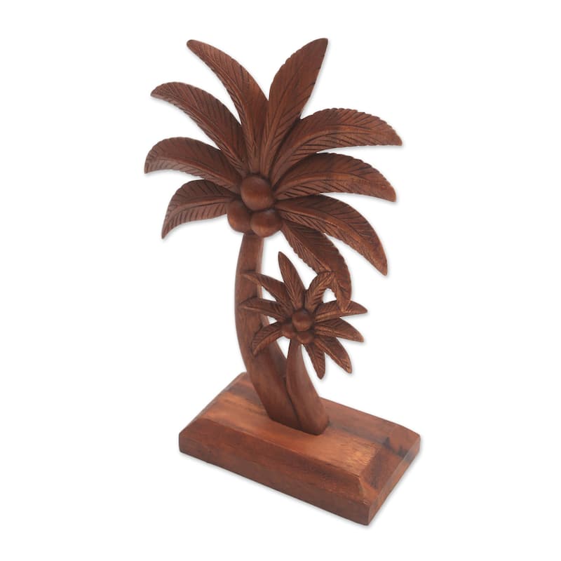NOVICA Handmade Coconut Trees Wood Statuette - 12.5" H x 6" W x 3.5" D
