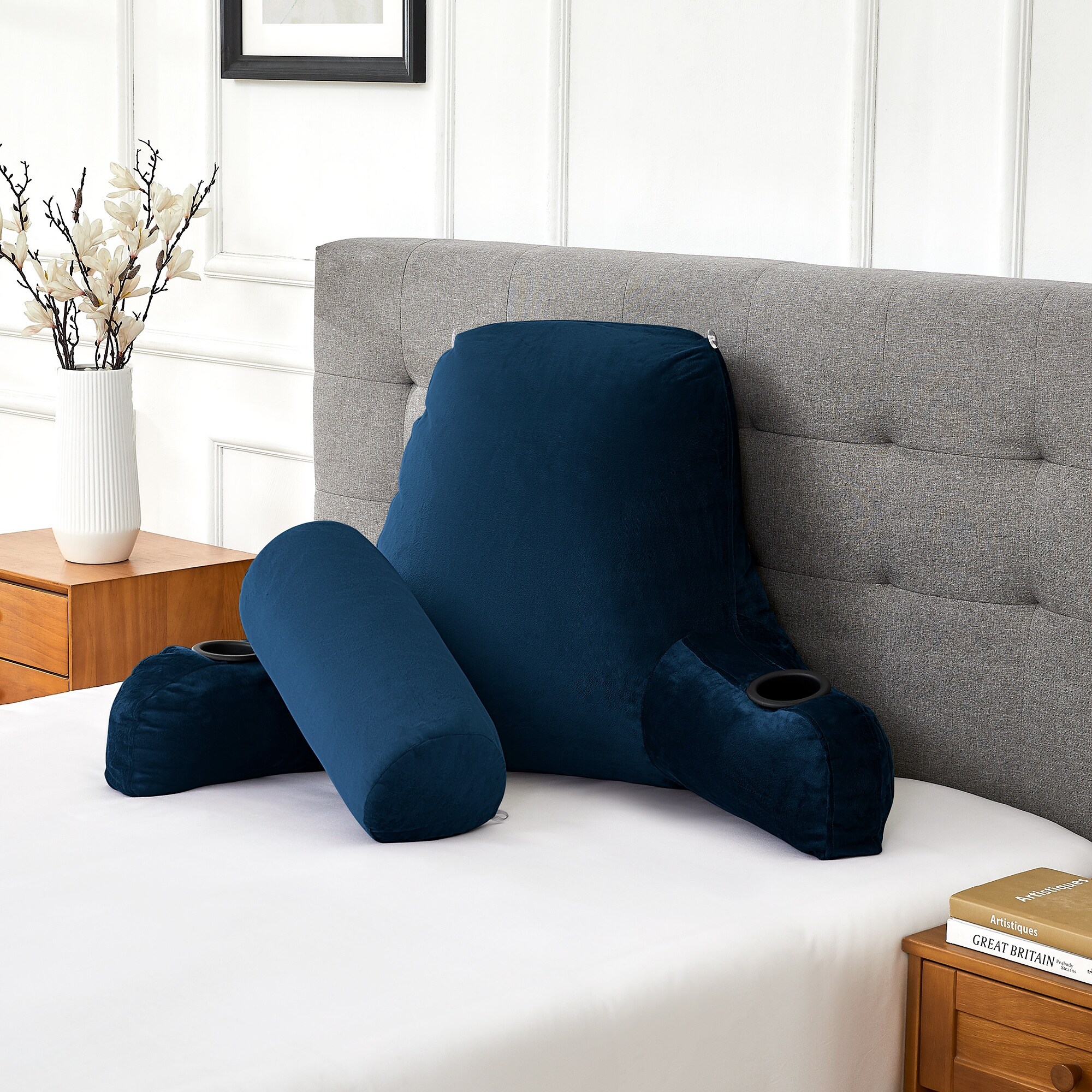 Sweet Home Collection Bed Rest Pillow w Cup Holders Navy