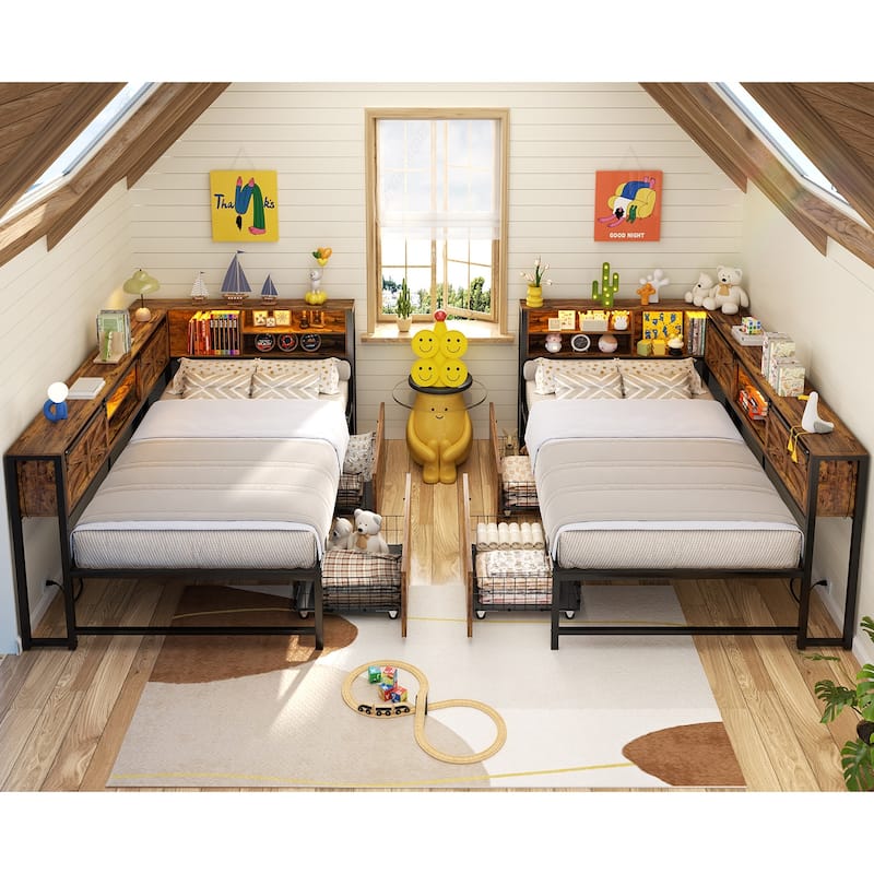 Corner Daybed with Drawers and Bookcase, Twin Bed Frame with LED Light and Charging Station